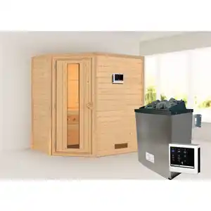 Karibu Massivholzsauna 'Imelda' naturbelassem mit Energiespartür 9 kW Ofen externe Steuerung modern 196 x 146 x 198 cm