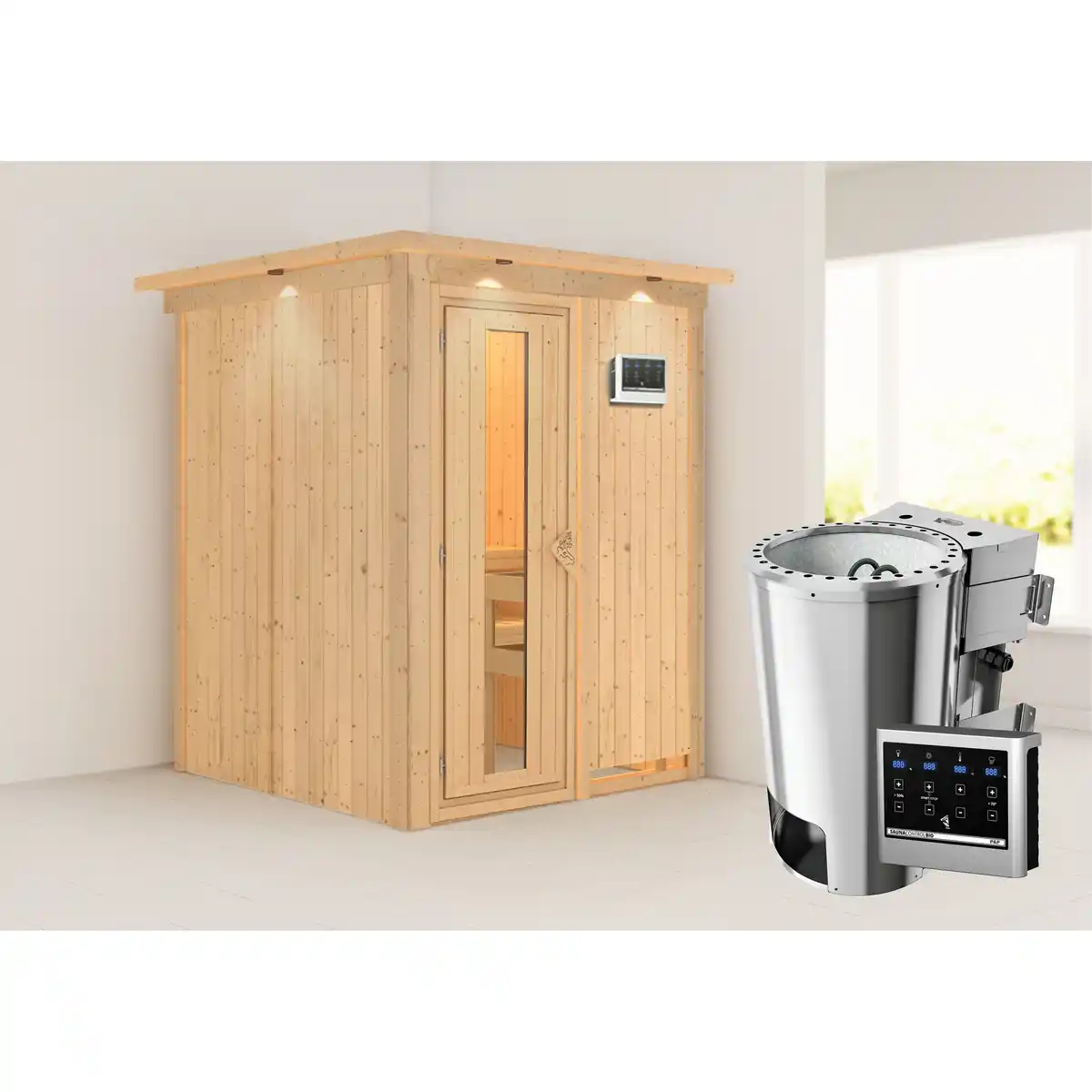 Bild 1 von Karibu Elementsauna 'Paula' naturbelassen mit Kranz und Energiespartür 3,6 kW Bio-Ofen externe Steuerung Easy 165 x 165 x 202 cm