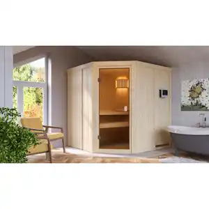 Karibu Elementsauna 'Berta' naturbelassen mit bronzierter Tür 9 kW Ofen externe Steuerung Easy 196 x 178 x 198 cm