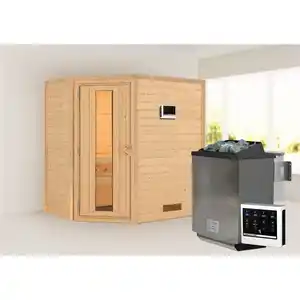 Karibu Massivholzsauna 'Imelda' naturbelassem mit Energiespartür 9 kW Bio-Ofen externe Steuerung modern 196 x 146 x 198 cm