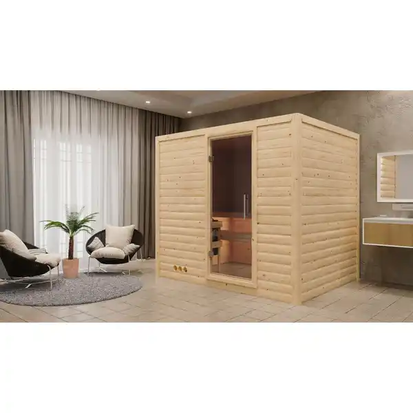 Bild 1 von Karibu Massivholzsauna 'Lucia' naturbelassen mit Klarglastür 9 kW Bio-Ofen externe Steuerung easy 231 x 196 x 200 cm