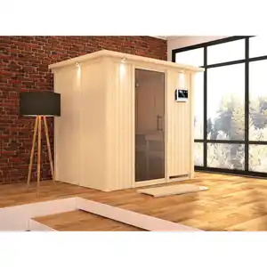 Karibu Elementsauna 'Aitana' naturbelassen mit Kranz und graphitfarbener Tür 9 kW Bio-Ofen externe Steuerung Easy 210 x 165 x 202 cm