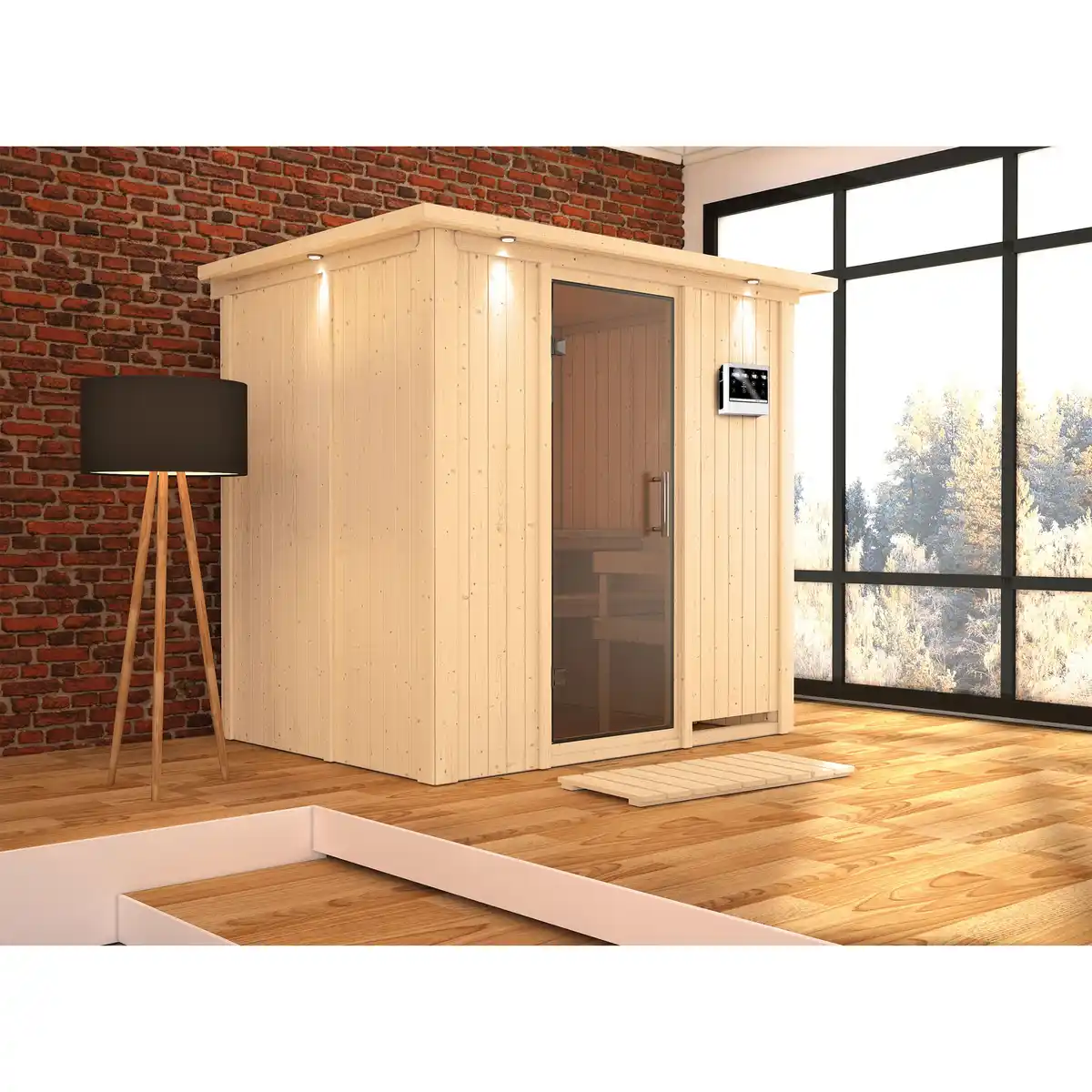 Bild 1 von Karibu Elementsauna 'Aitana' naturbelassen mit Kranz und graphitfarbener Tür 9 kW Bio-Ofen externe Steuerung Easy 210 x 165 x 202 cm