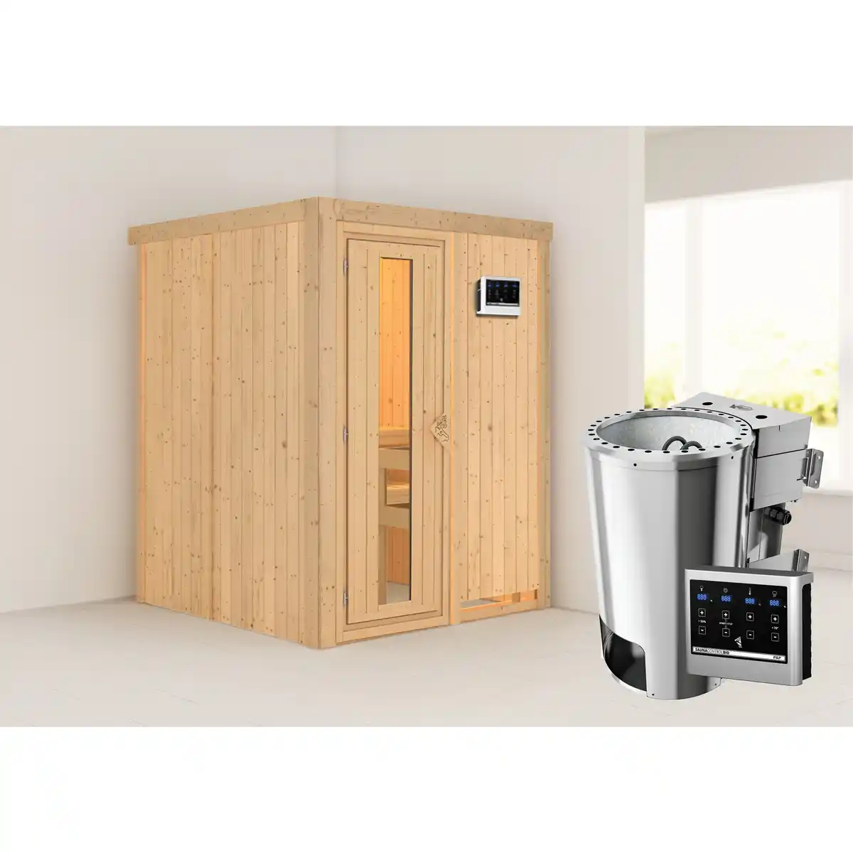 Bild 1 von Karibu Elementsauna 'Paula' naturbelassen mit Energiespartür 3,6 kW Bio-Ofen externe Steuerung Easy 151 x 151 x 198 cm