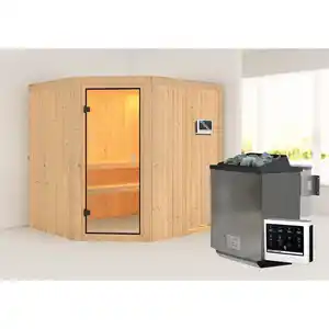 Karibu Elementsauna 'Berta' naturbelassen mit bronzierter Tür 9 kW Bio-Ofen mit externe Steuerung 196 x 178 x 198 cm