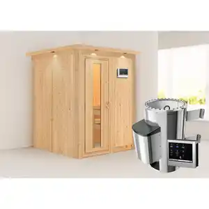 Karibu Elementsauna 'Paula' naturbelassen mit Kranz und Energiespartür 3,6 kW Ofen externe Steuerung Easy 165 x 165 x 202 cm