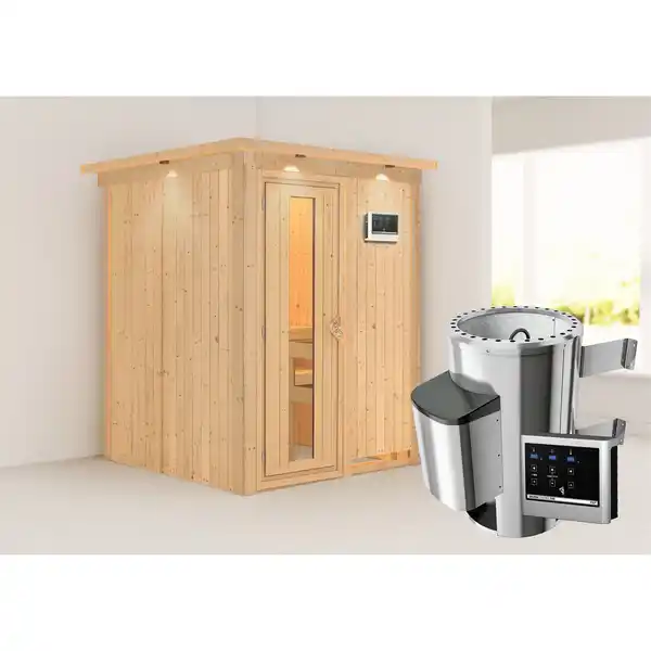 Bild 1 von Karibu Elementsauna 'Paula' naturbelassen mit Kranz und Energiespartür 3,6 kW Ofen externe Steuerung Easy 165 x 165 x 202 cm