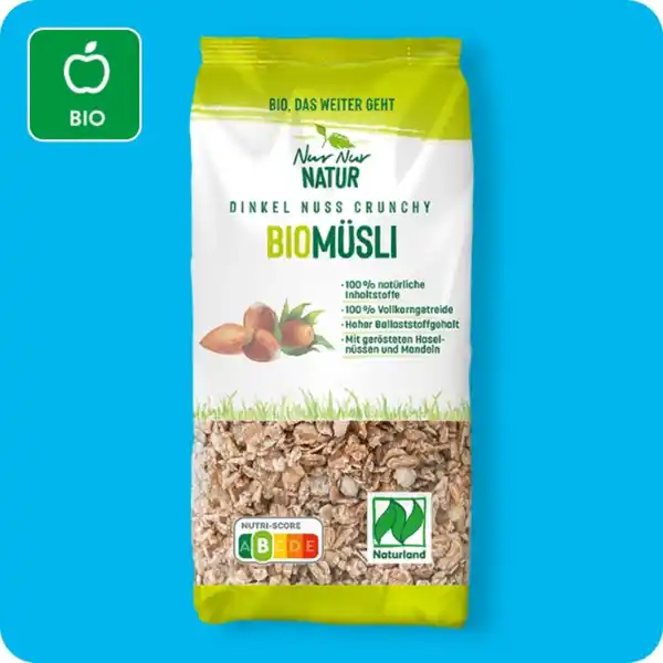 Bild 1 von NUR NUR NATUR Bio-Müsli, Dinkel-Nuss-Crunchy oder Apfel-Mandel-Urkorn