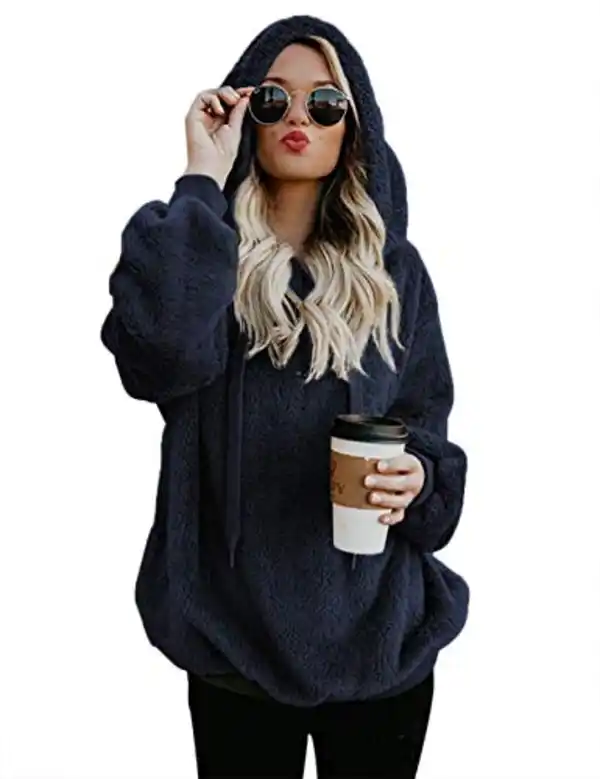 Bild 1 von iWoo Hoodie Damen Kapuzenpullover Teddy-Fleece Pullover Herbst Winter Warm Oberteil Langarm Einfarbig Casual Sweatshirt