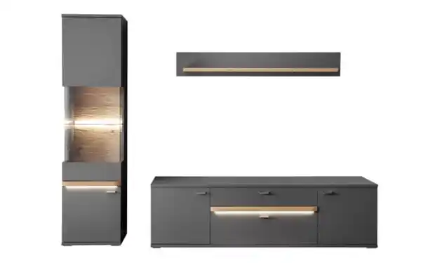 Bild 1 von MCA furniture - Wohnwand Marsalla, Royal grey, Balkeneiche massiv geölt, inklusive Front-LED-Beleuchtung