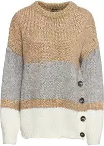 Gestreifter Oversize-Pullover mit Knöpfen, 32/34, Beige