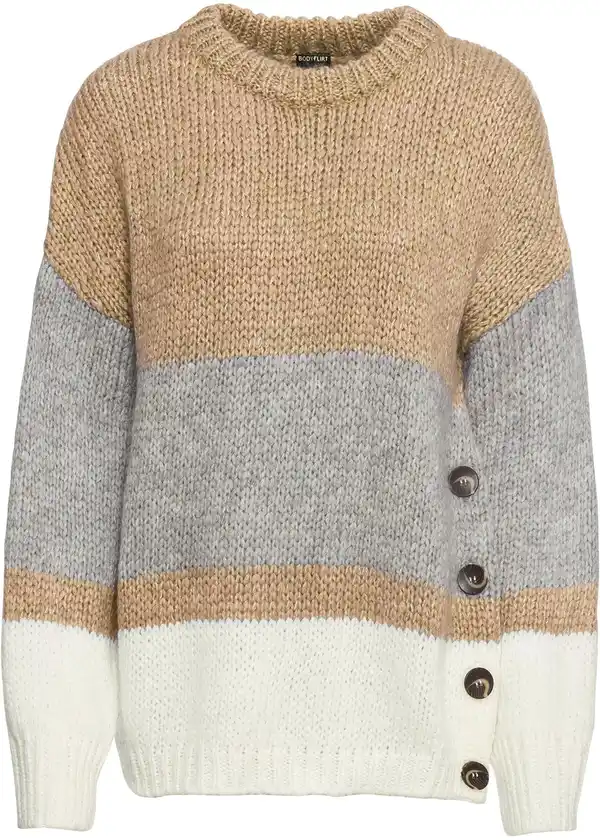 Bild 1 von Gestreifter Oversize-Pullover mit Knöpfen, 32/34, Beige