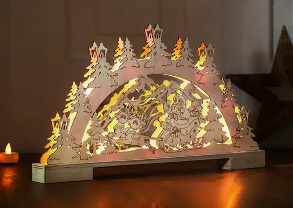 Bild 2 von LED-Schwibbogen aus Holz - Weihnachtsmann mit Rentierschlitten