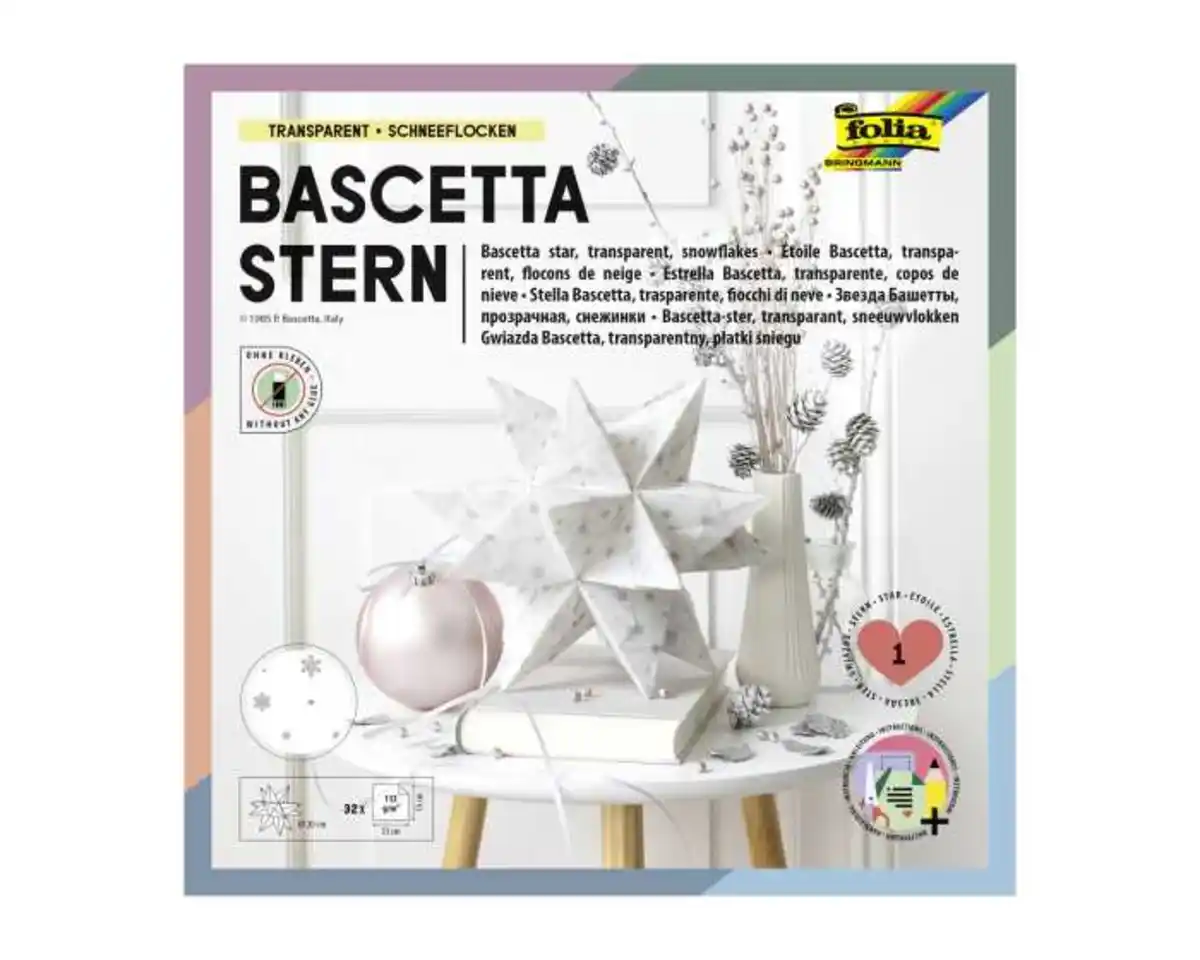 Bild 1 von Folia Bascetta Stern-Set 15 x 15 cm 115 g/m² weiß/transparent mit Schneeflocken 32 Blatt