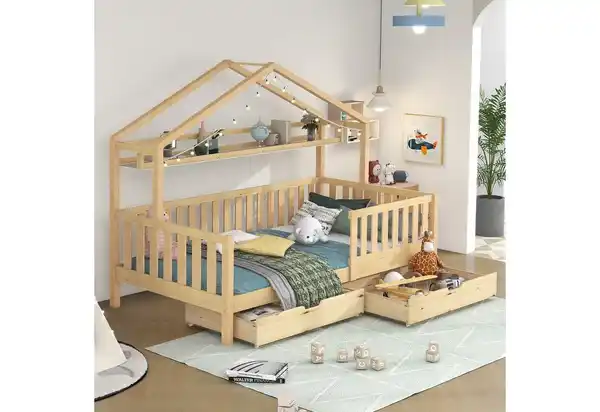 Bild 1 von Flieks Kinderbett (mit Lattenrost, Ablageregal und 2 Schubladen), Hausbett Einzelbett Kiefernholz 90x200cm ohne Matratze