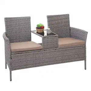 Poly-Rattan Sitzbank mit Tisch MCW-E24, Gartenbank Sitzgruppe Gartensofa, 132cm ~ grau, Kissen creme