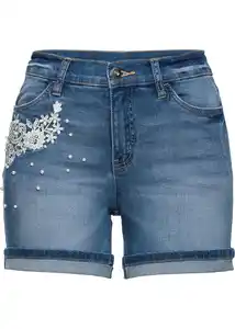 Jeansshorts Mid Waist mit Verzierung, 34, Blau