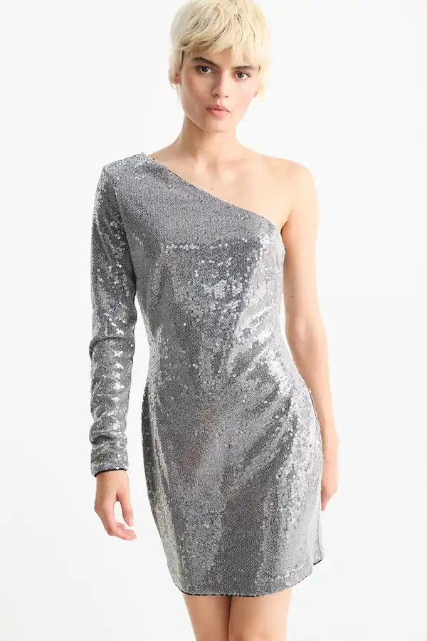 Bild 1 von C&A One-Shoulder-Pailletten-Kleid, Grau, Größe: XS