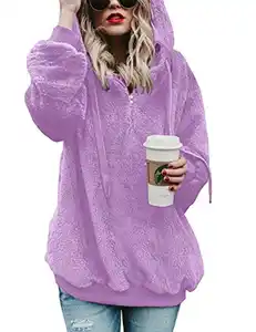 iWoo Hoodie Damen Kapuzenpullover Teddy-Fleece Pullover Herbst Winter Warm Oberteil Langarm Einfarbig Casual Sweatshirt