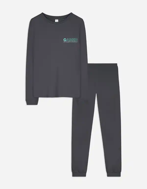 Bild 1 von Kinder Pyjama Set aus Langarmshirt und Hose  - Rückenprint - dunkelgrau