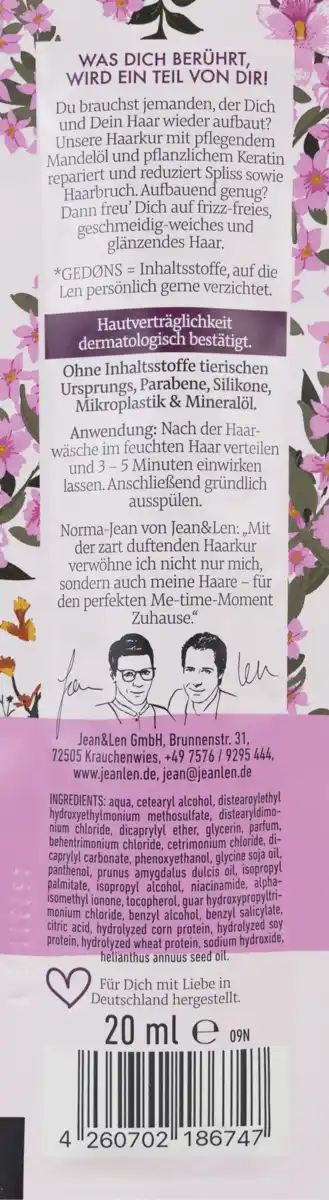 Bild 2 von Jean&Len Haarkur mit pflegendem Mandelöl und pflanzlichem Keratin, 20 ml