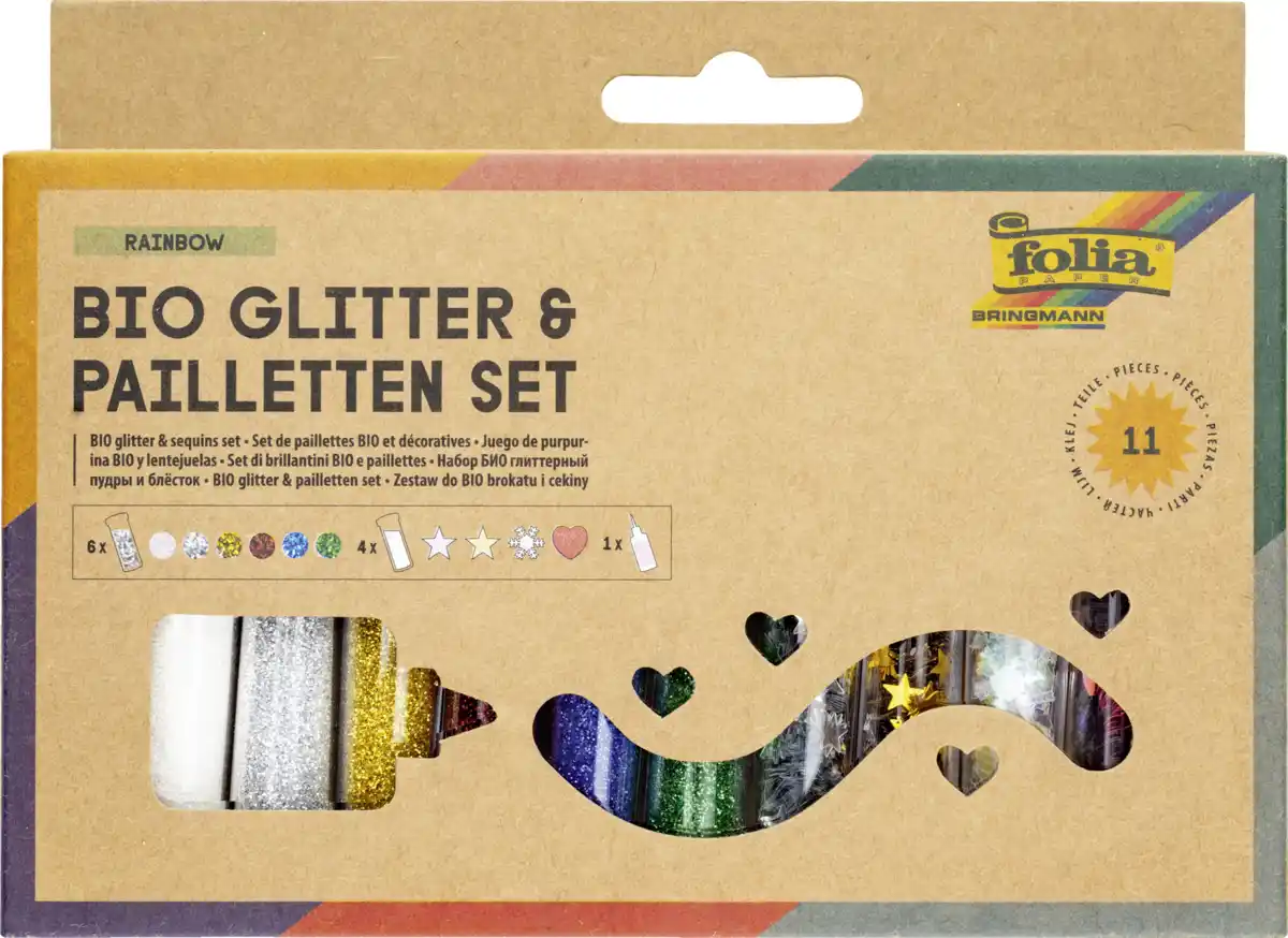 Bild 1 von folia BIO Glitter-Set, 10 Dosen +1 Kleber 90g