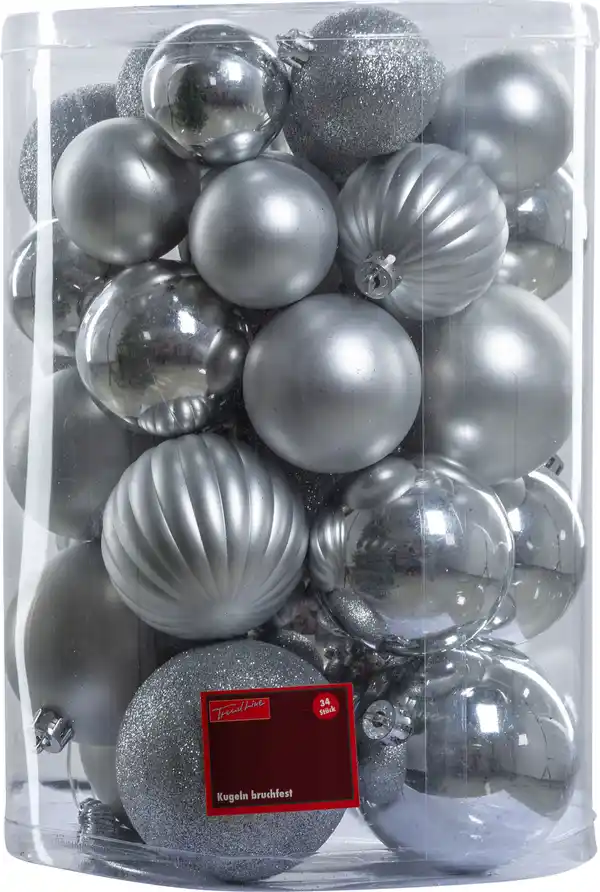 Bild 1 von TrendLine Weihnachtskugeln bruchfest Ø 5 - 8 cm silber 34 Stück