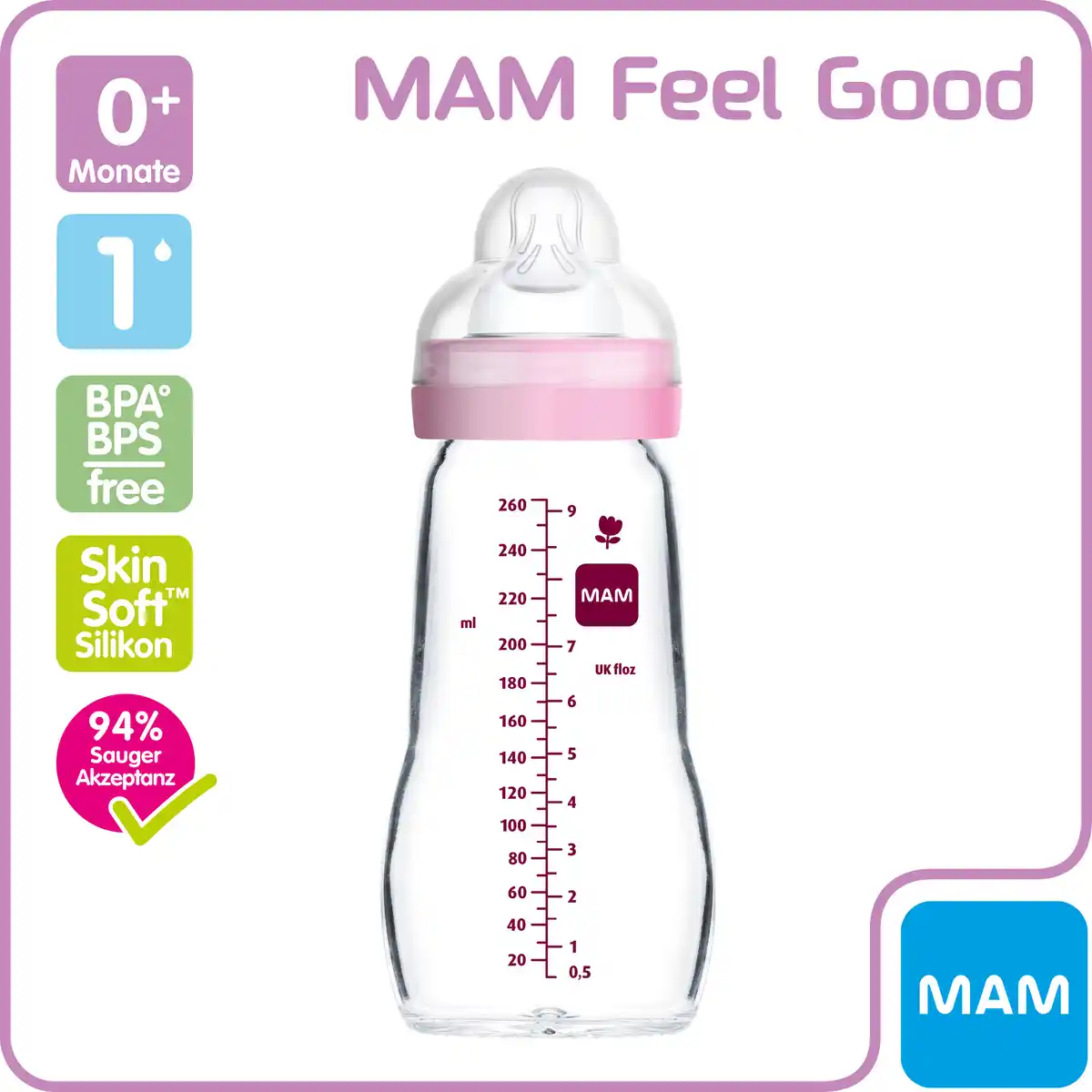 Bild 3 von MAM Feel Good Glass Bottle 260 ml 0+ Monate Katze & Maus