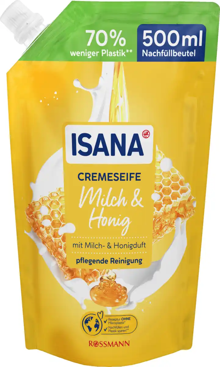 Bild 1 von ISANA Cremeseife Milch & Honig Nachfüllbeutel, 500 ml