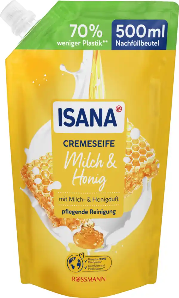 Bild 1 von ISANA Cremeseife Milch & Honig Nachfüllbeutel, 500 ml