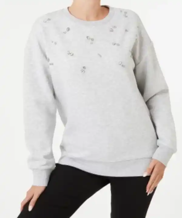 Bild 1 von Sweatshirt mit Steinchen Janina, Rundhalsausschnitt, grau melange