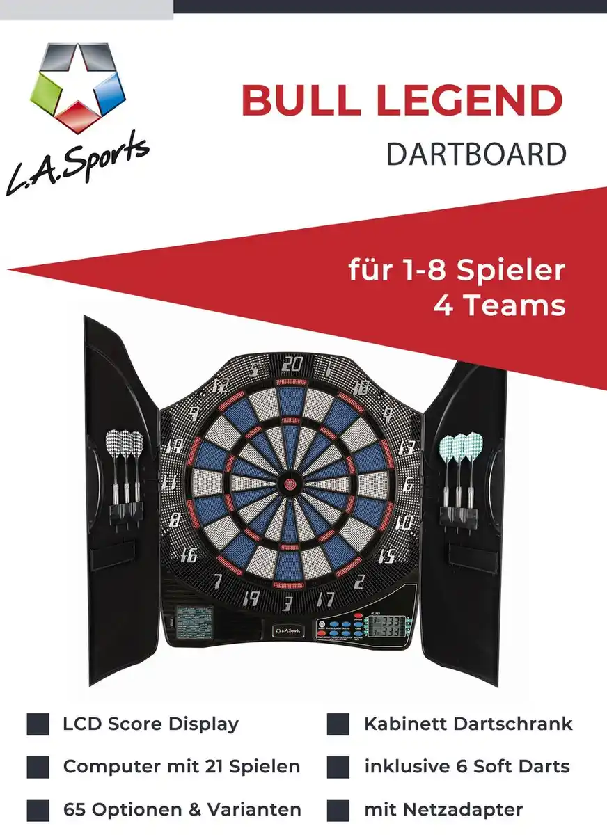 Bild 2 von Elektronische Dartscheibe Bull Legend 1-8 Spieler 6 Softdart Pfeile Dartschrank