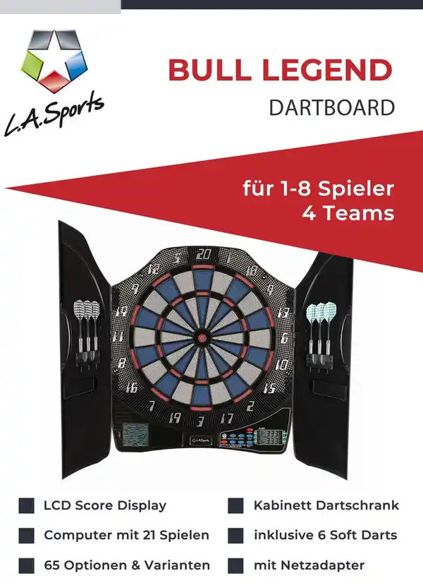Bild 2 von Elektronische Dartscheibe Bull Legend 1-8 Spieler 6 Softdart Pfeile Dartschrank