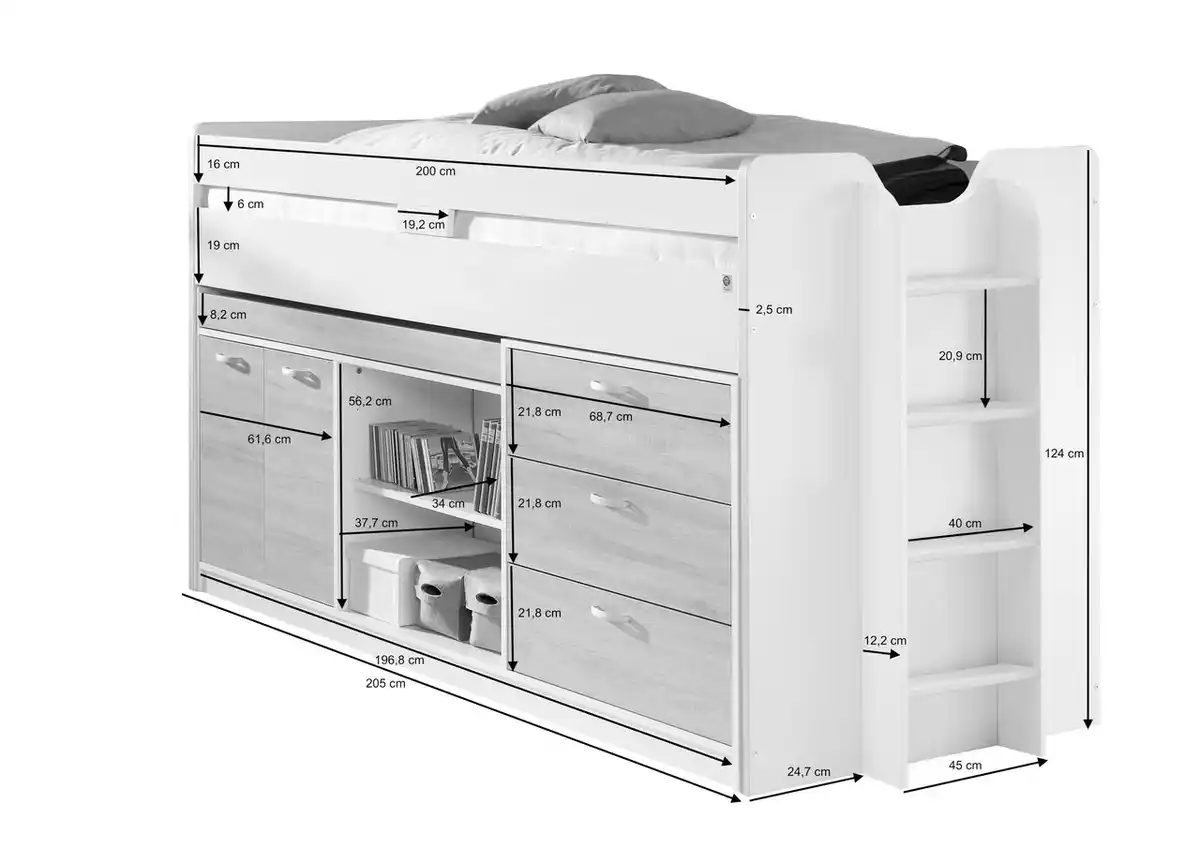 Bild 4 von Hochbett PONNY LF 90x200 cm, mit Regal, Schubladenelement und Schreibtisch