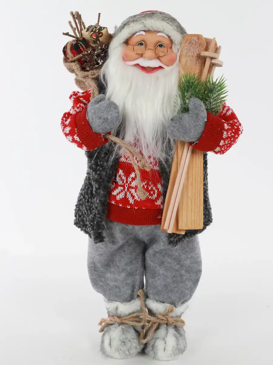 Bild 1 von Weihnachtsmann mit Skieern und Päckchen stehend 46cm Rot