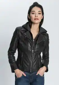 Gipsy Lederjacke Nola2 coole Biker mit Turndown Kragen & herausnehmbarem Kapuzen-Inlay, Schwarz