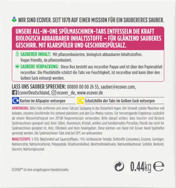 Bild 2 von Ecover Spülmaschinen-Tabs All-in-One Zitrone & Mandarine, 440 g