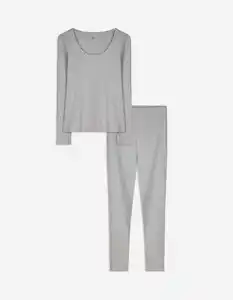 Damen Pyjama Set aus Langarmshirt und Hose  - Gerippt - grau