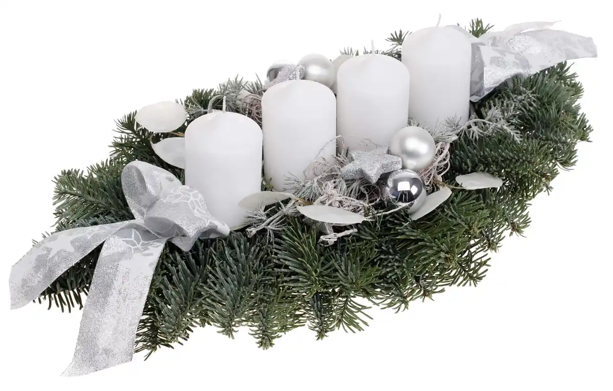 Bild 1 von Adventsgesteck mit 4 Kerzen 12 x 21 x 45 cm weiß