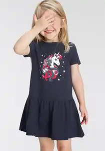 KIDSWORLD Jerseykleid Einhorn mit süßem Volant am Saum, Blau