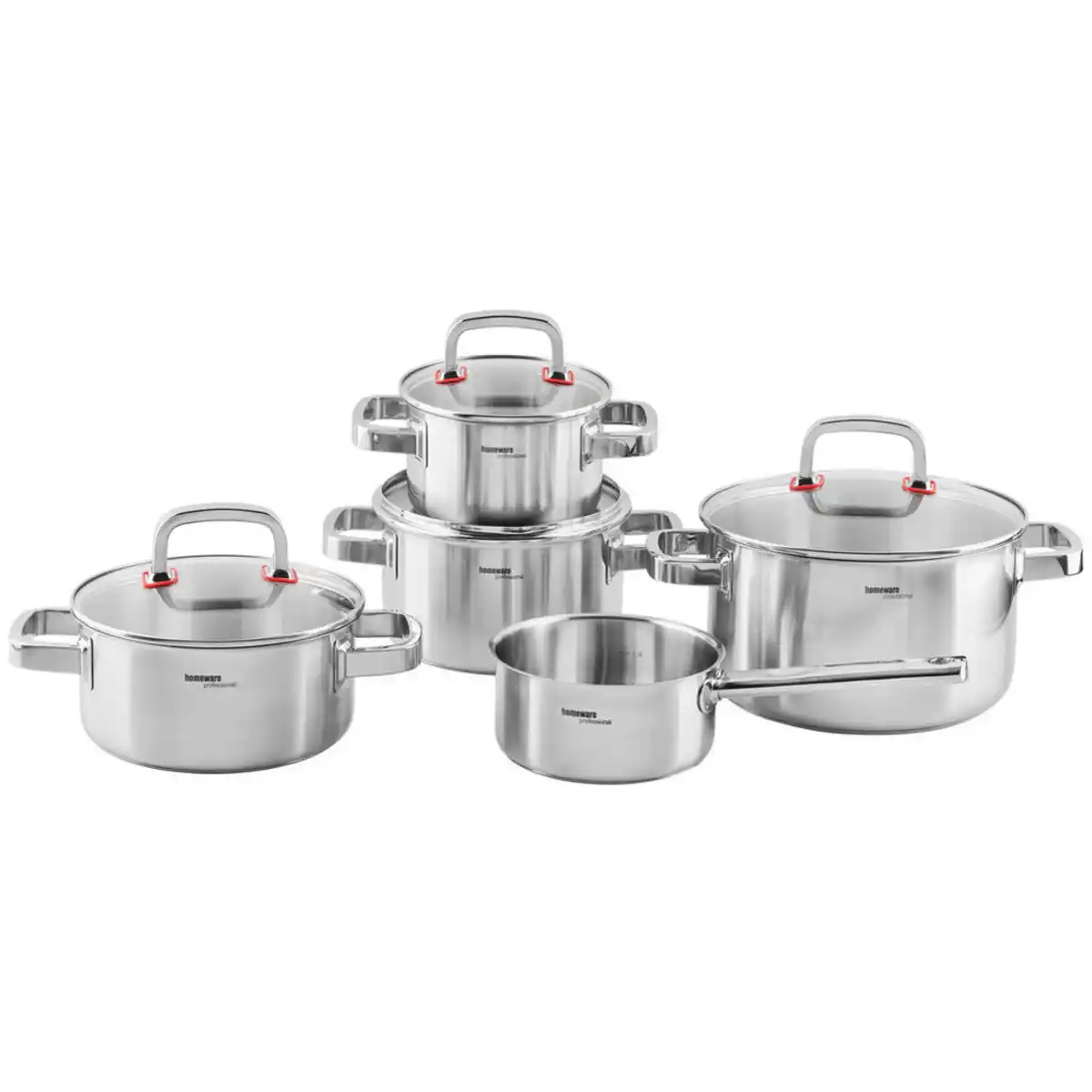 Bild 1 von Homeware Profession. Kochtopfset Cucina Perfetta, Edelstahl, Metall, 5-teilig, 16 cm,20 cm,16 cm, 1,5 l,3 l,5,5 l,2,5 l,1 l, zylindrisch, Lfgb, Messskala, backofengeeignet, breiter Schüttrand, Griff
