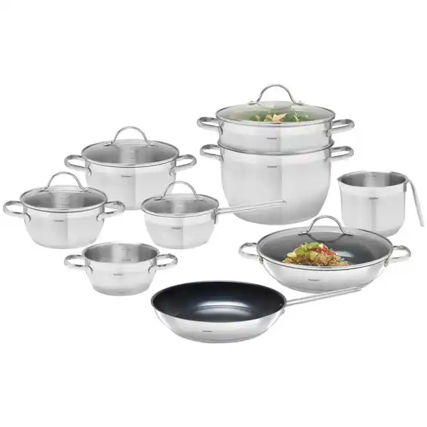 Bild 1 von Homeware Profession. Kochtopfset Bozen, Edelstahl, Metall, 9-teilig, 16 cm,18 cm,16 cm, rund, Lfgb, Messskala, Kochen, Töpfe, Topfsets