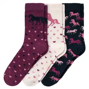 3 Mädchen Socken mit Pferden BEERE / DUNKELBLAU / CREME