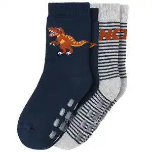 2 Paar Jungen Stoppersocken mit Dinos DUNKELBLAU / HELLGRAU