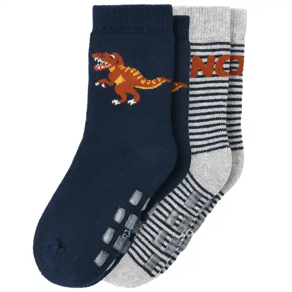 Bild 1 von 2 Paar Jungen Stoppersocken mit Dinos DUNKELBLAU / HELLGRAU