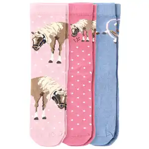 3 Paar Mädchen Socken mit Pferden ROSA / BLAU / DUNKELROSA