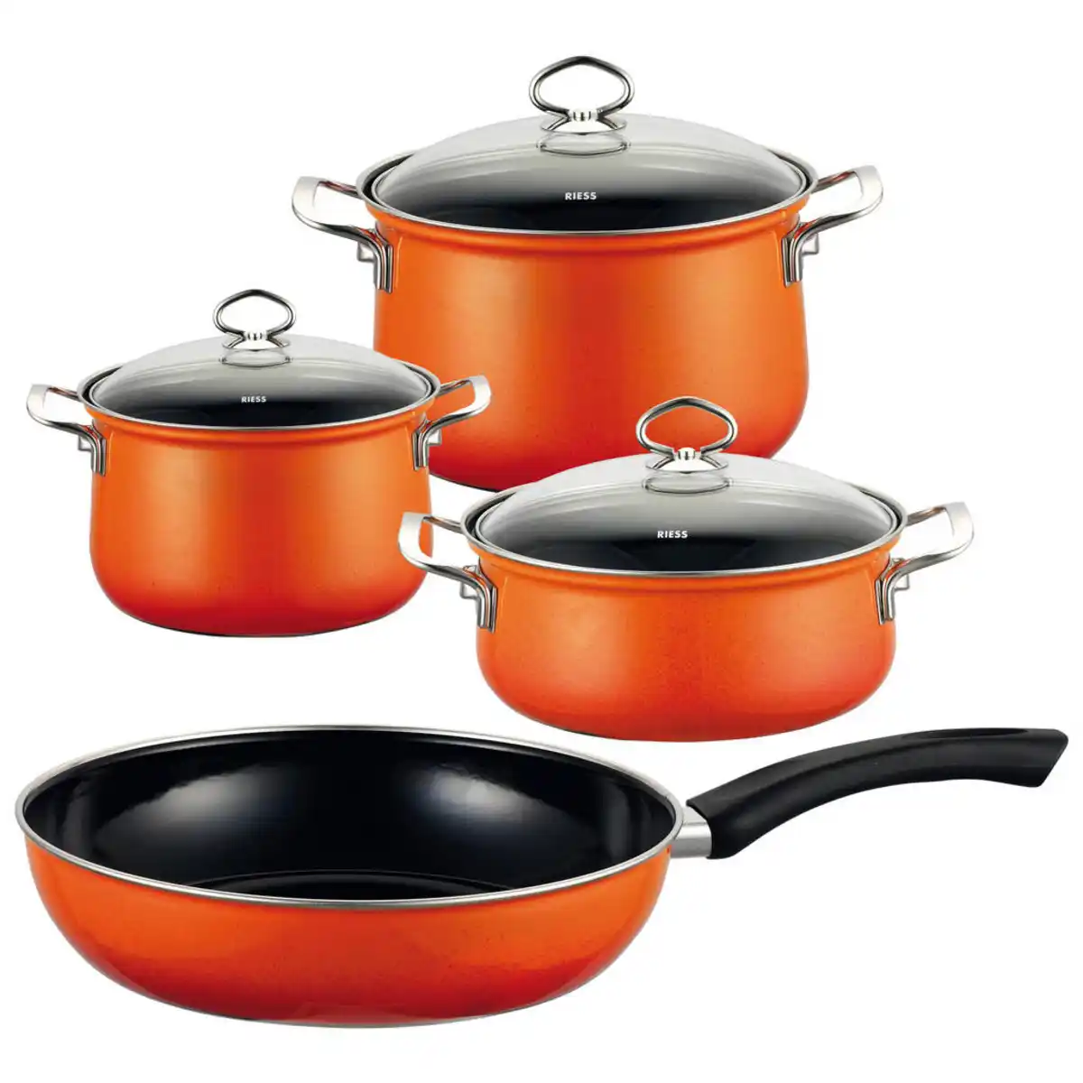Bild 1 von Riess Kochtopfset, Orange, Metall, 7-teilig, 16 cm,20 cm, 1,5 L,3,5 L,2 L, rund, 28.5x24x48.5 cm, rostfrei, hitzebeständig, geschmacksneutral,backofengeeignet, Kochen, Töpfe, Topfsets