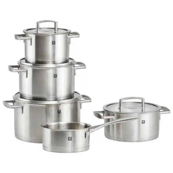 Bild 1 von Zwilling Kochtopfset Vitality, Edelstahl, Metall, 5-teilig, 16 cm,20 cm,16 cm, 2 l,3,5 l,6 l,3 l,1,5 l, Messskala, breiter Schüttrand, geschmacksneutral, Sandwichboden, optimale Wärmeverteilung, Ko