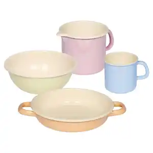 Riess Frühstücksvorbereitungsset, Gelb, Rosa, Hellblau, Metall, 4-teilig, backofengeeignet, kratzfest, geschmacksneutral, leichte Reinigung, nachhaltig, Kochen, Töpfe, Topfsets