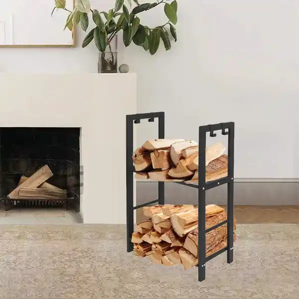 Bild 2 von modernes Kaminholzregal mit 2 Ablagen & 4 Haken für Kaminbesteck schwarz